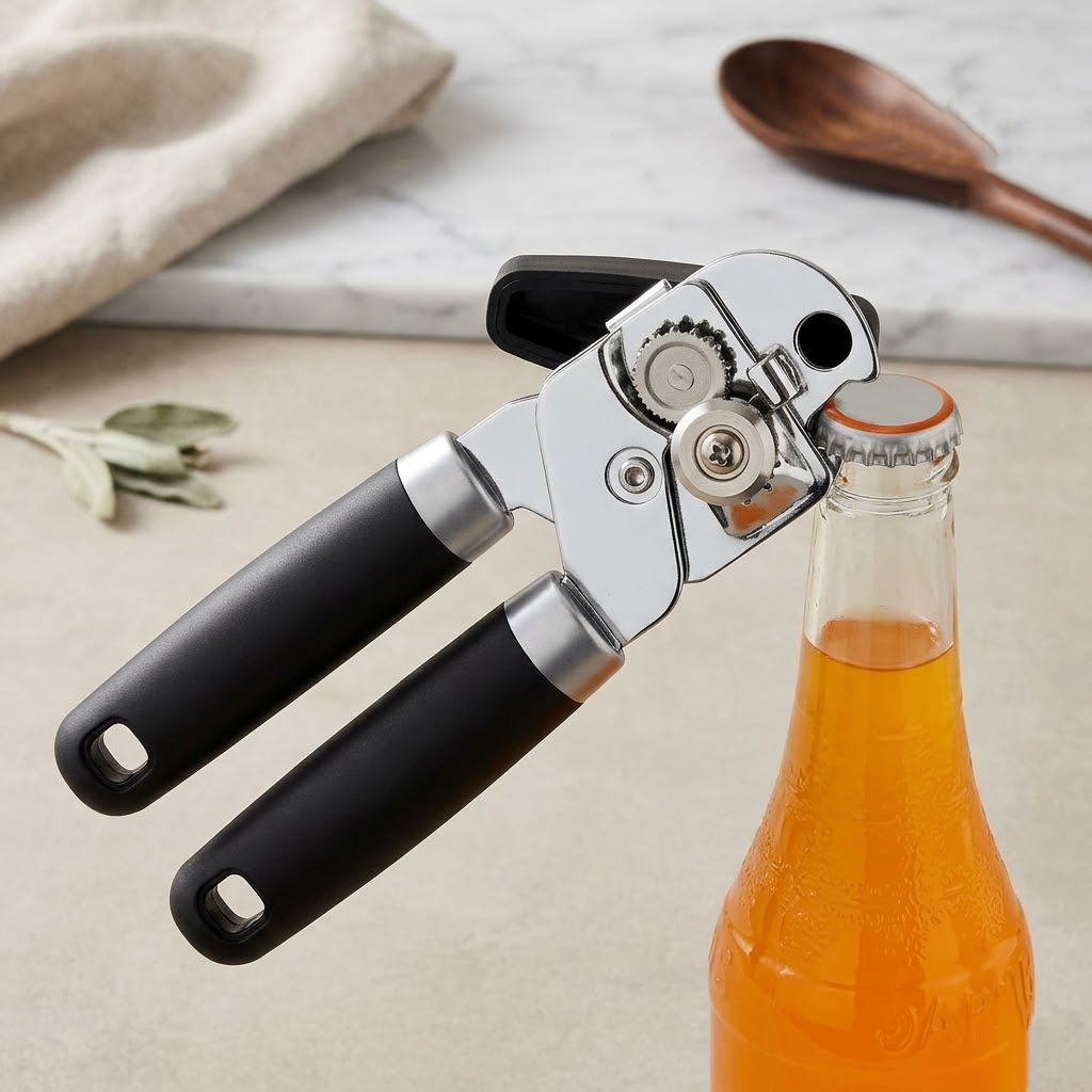 Runwayroguebeauty Heavy Duty Stainless Steel Manual Can Opener and Bottle Opener, Smooth Edge Food Grade Safety Opener with Soft Comfort Grips & Extra Large Ergonomic Rotary Knob