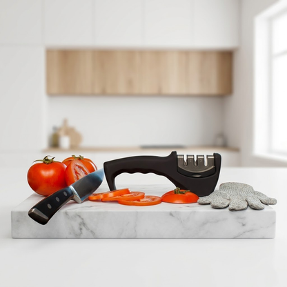 Runwayroguebeauty 4-in-1 Kitchen Knife Sharpener Kit: 3-Stage Sharpening Tool for Repairing, Restoring & Polishing Blades, Includes Cut-Resistant Glove