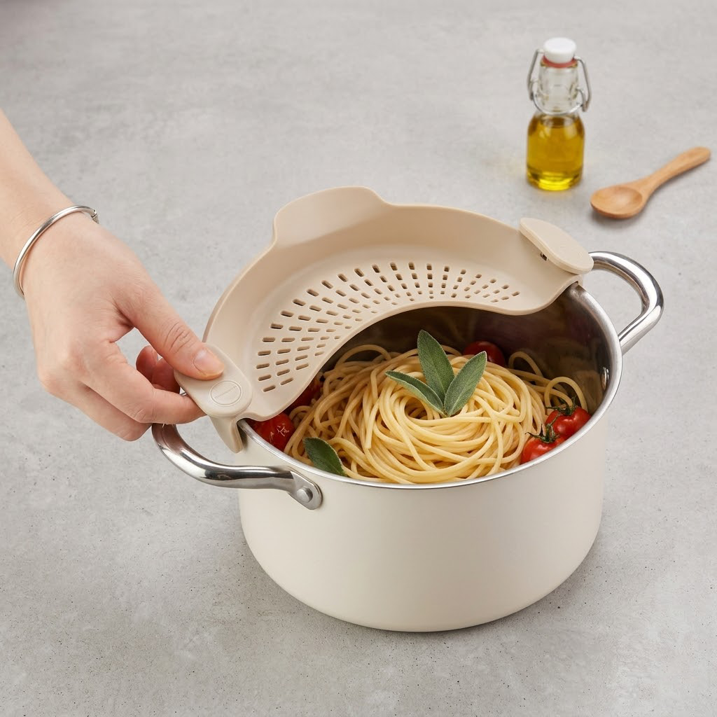 Runwayroguebeauty Silicone Clip-On Strainer for Pots and Pans, Adjustable Heat-Resistant Pasta Strainer & Kitchen Colander, Universal Food Strainer for Spaghetti, Vegetables, and Noodles