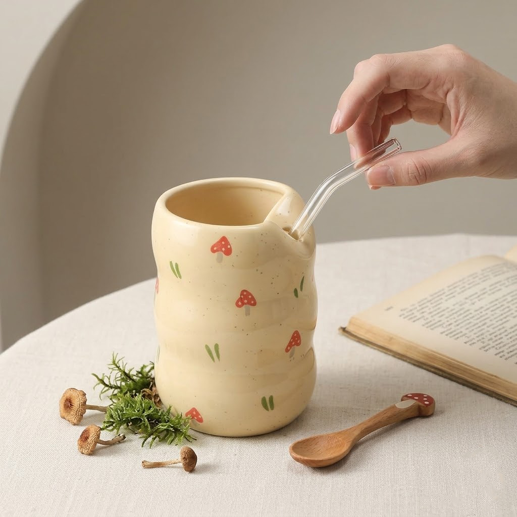 Runwayroguebeauty 13.5 oz Ceramic Coffee Mug with Straw Hole, Modern Elegant Wood Grain Design Tea Cup, Stylish Tumbler for Kitchen, Dining, Milk & Tea